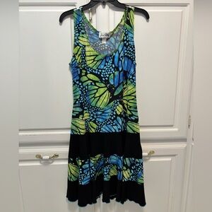 Joseph Ribkoff Blue Green Black Butterfly Print Tiered Sleeveless Dress Size 10